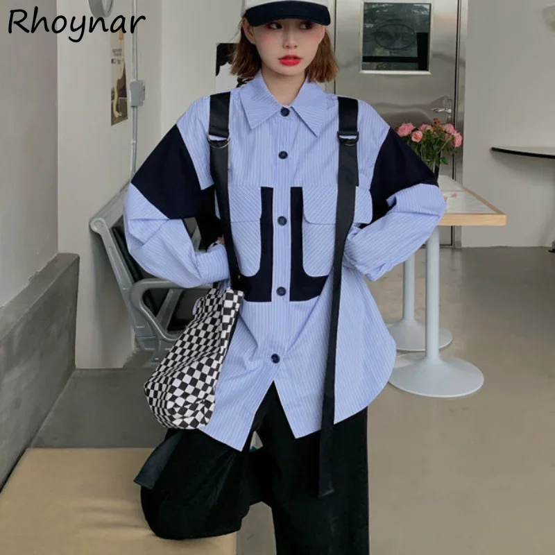 

Shirts Women Autumn Loose Spliced Design Striped Cool Girls Korean Style Fashion Chic Casual Simple Ins Chemise Femme Students