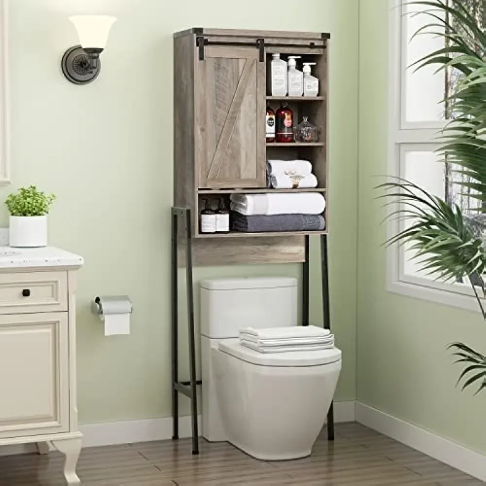 Saedew Over The Toilet Storage Cabinet, Farmhouse Over Toilet Bathroom Organizer with Sliding Barn Door,Grey