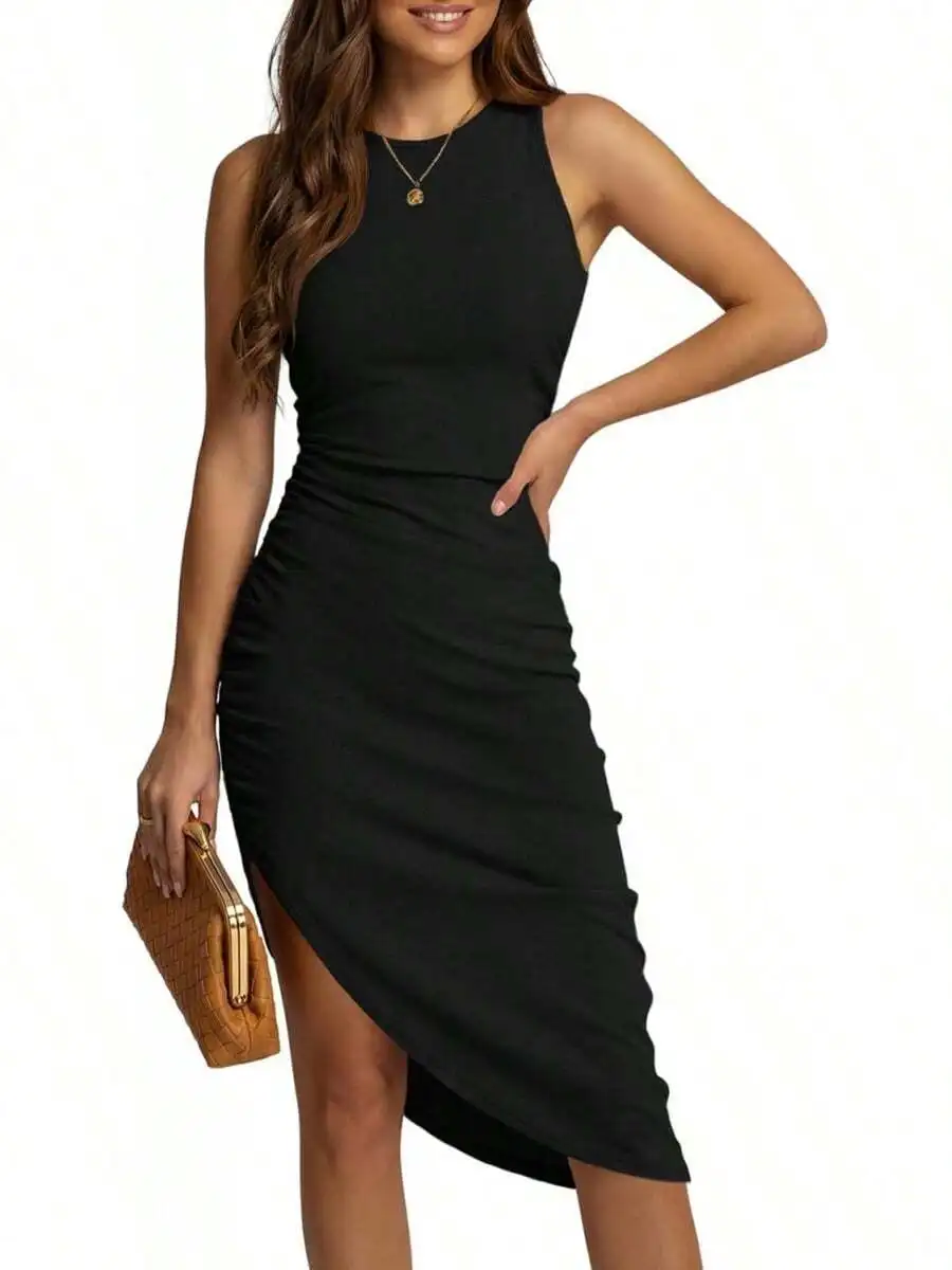 

Womens Sleeveless Ruched Bodycon Midi Dress With High Slit Casual Summer Party Club Beach Dress
