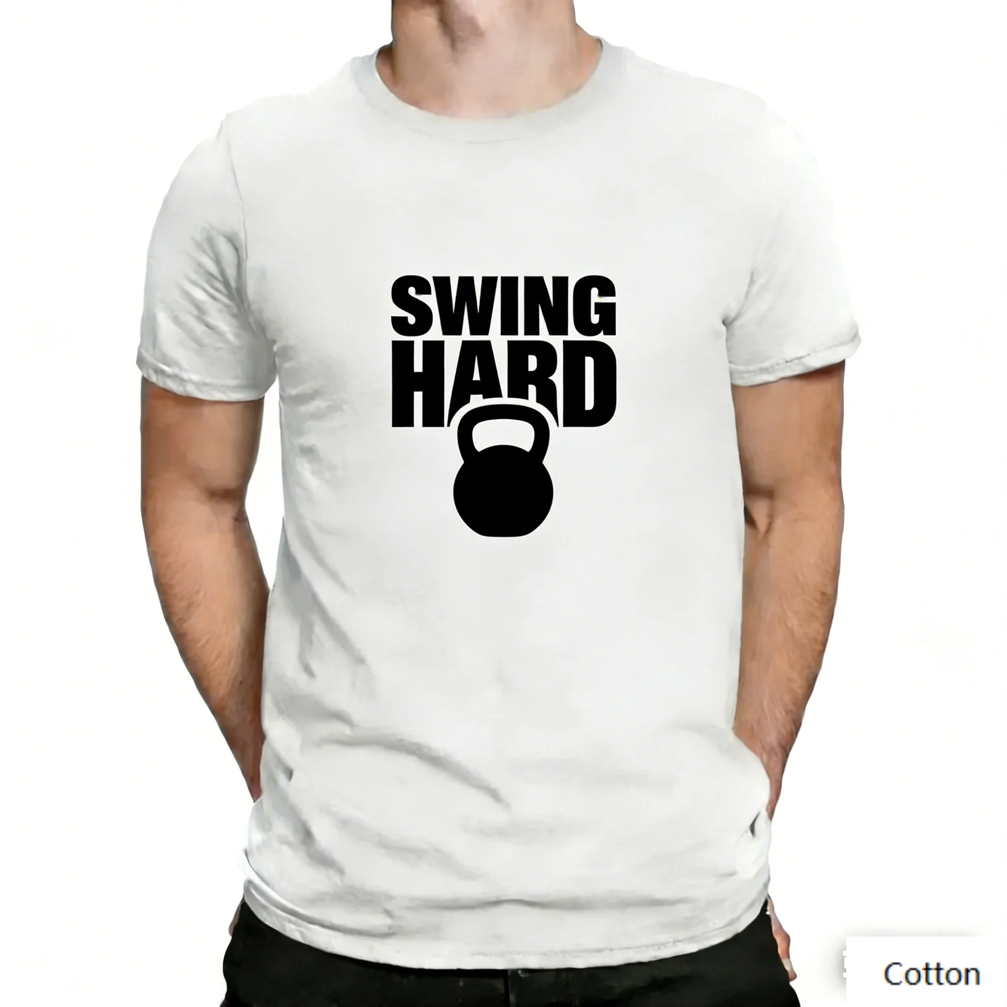 American Hardcore Functional Fitness Style Unisex Cotton T-Shirt with Motivational SWING HARD Kettlebell Print