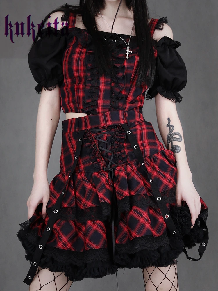 Harajuku Y2k Gothic Girls Cake Skirts Sets Japanese Punk Rock Red Plaid Lace Mini Short Skirts And Crop Tops 2 Piece Dresses