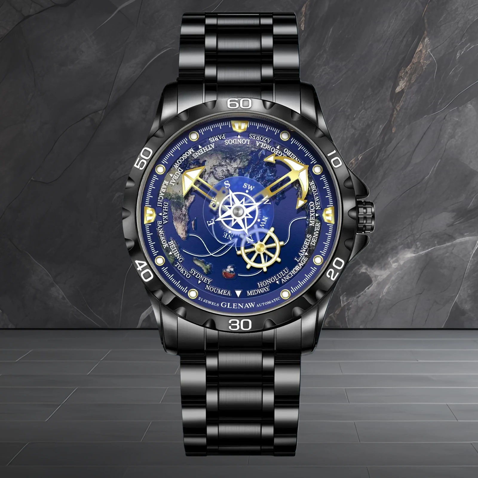 

Classic Men Automatic Mechanical Watches Golden Silvery Global Map Casual High-end Wrap Watch Navigator Series Man Wristwatches