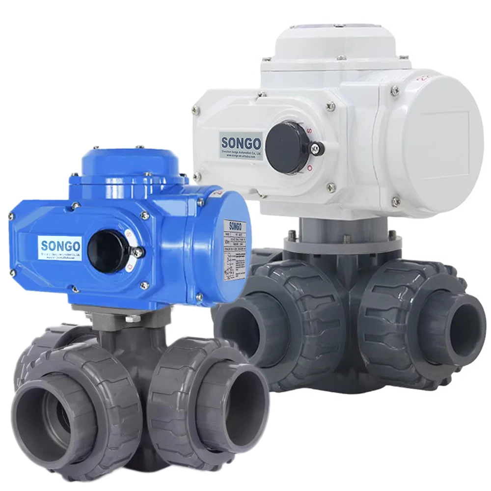 Electric Actuator DN20 3/4 Inch  220V AC True Union  with on Off Type Motorized PVC 3 Way Ball Valve