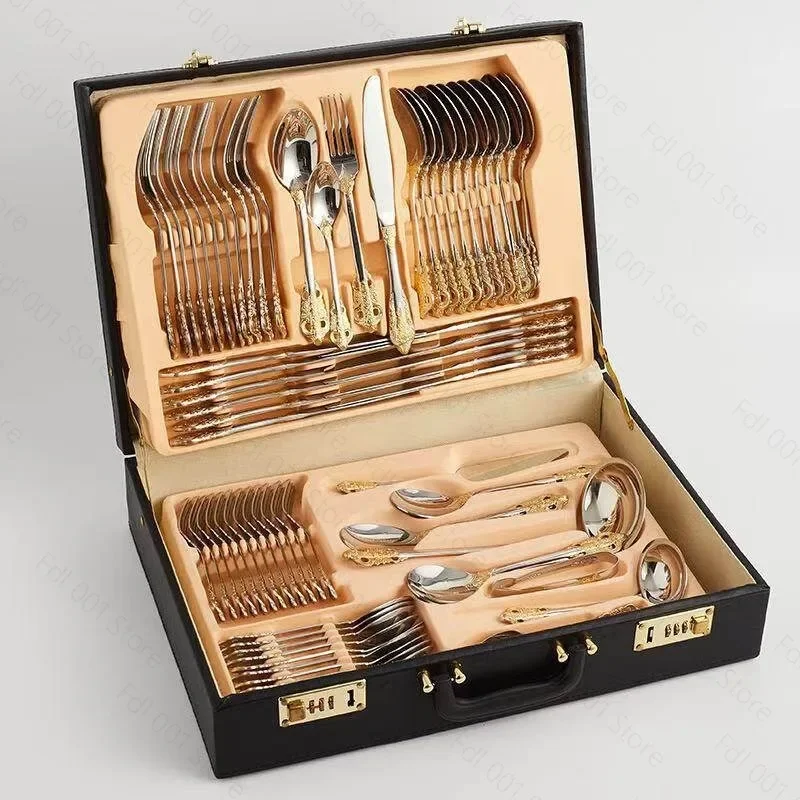 72‑Piece Retro Court Style 304 Stainless Steel Western Knife Fork Spoon Cutlery Set with Leather Storage Case