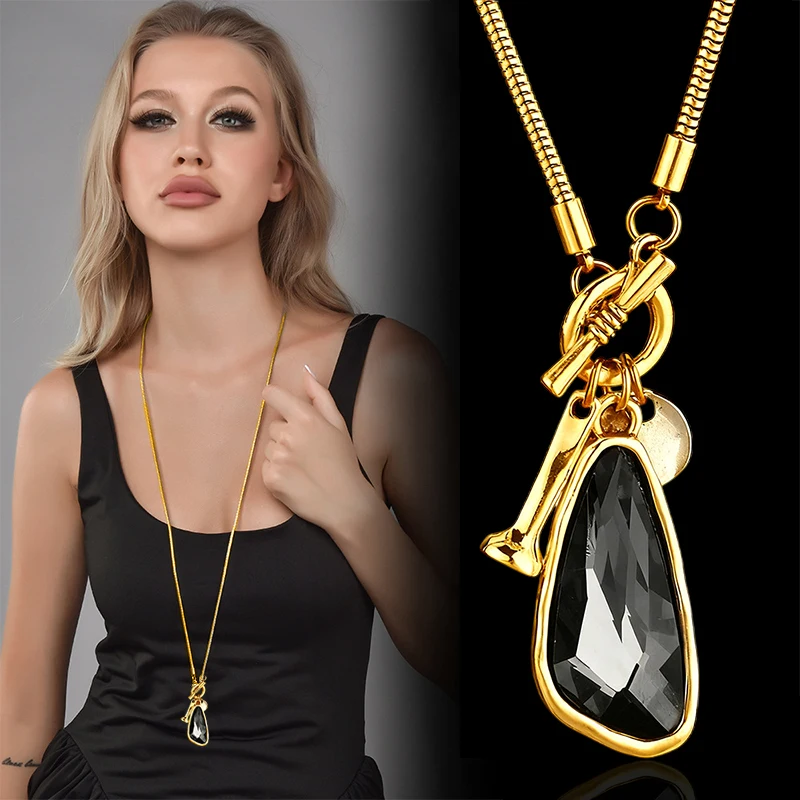Fashion Personality Long Irregular Geometric Grey Teardrop-shaped Pendant Sweater Chain Necklace For Women Jewelry Gift