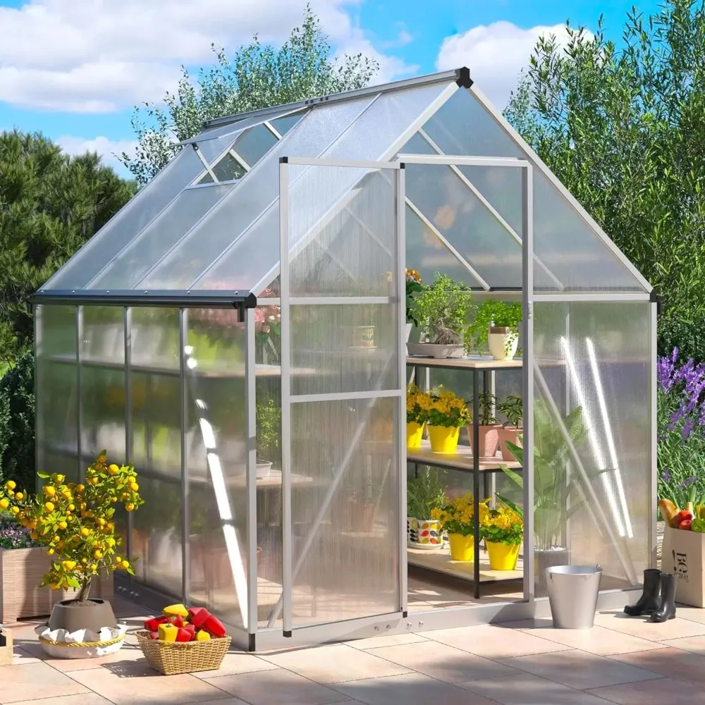 Polycarbonate Greenhouse, Large Greenhouses for Outdoors with Updated Frame Structure Roof Vent and Lockable Doors, Silver