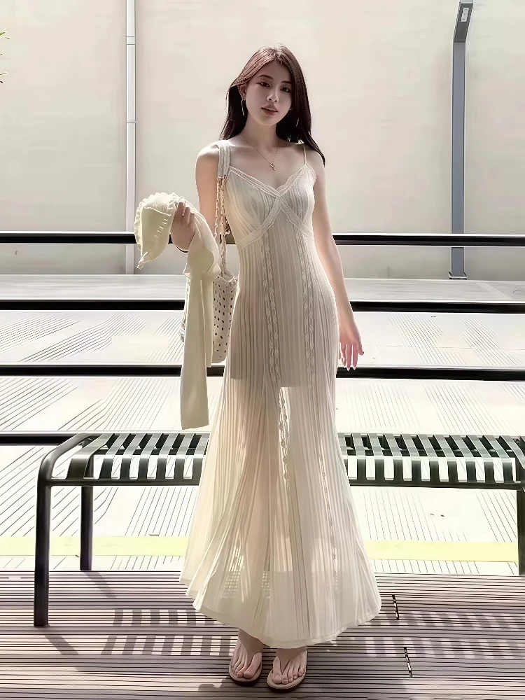 

French Retro Summer Beige Patchwork Lace V Neck Elegant Evening Party Long Dress Women Sleeveless Sexy Club Vacation Slip Dress