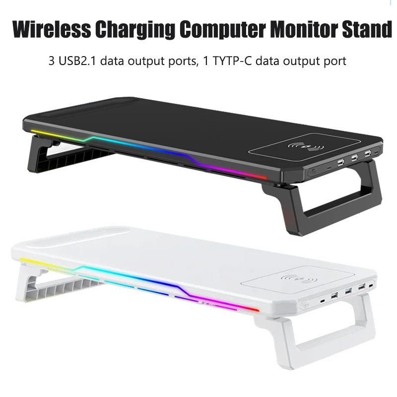

Desktop Monitor Stand Type-C Wireless Charging Laptop Stand Storage Rack Increase 3 USB 2.0 Ports With RGB Light Monitor Holder