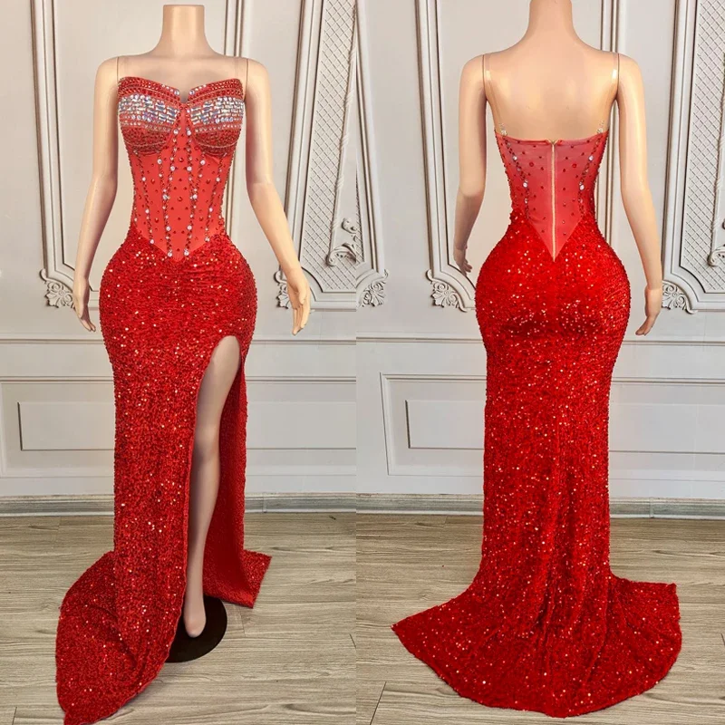

Celebrate Dress Women Singer Party Dresses Wedding Evening Gown Stage Catwalk Costume Red Sequins Rhinestones club outfit