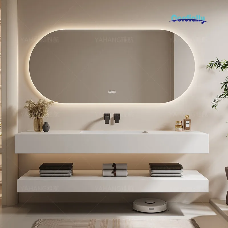 Slanted Basin Bathroom Vanity Set Integrated Stone Slab Single Dual Basin Luxury Smart Mirror Home Furniture
