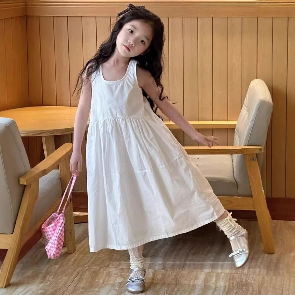 

Summer Cool and Sweet Style Little Girl Sleeveless Vest Skirt Children's Solid Color Kids Fashion Dress