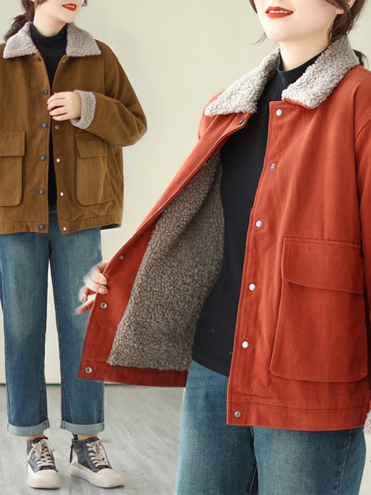 

Женское осенне-зимнее пальто большого размера с воротником из овечьей шерсти, на флисовой подкладке, утепленное, свободного кроя, теплое, из смесового хлопка и полиэстера, с длинными рукавами