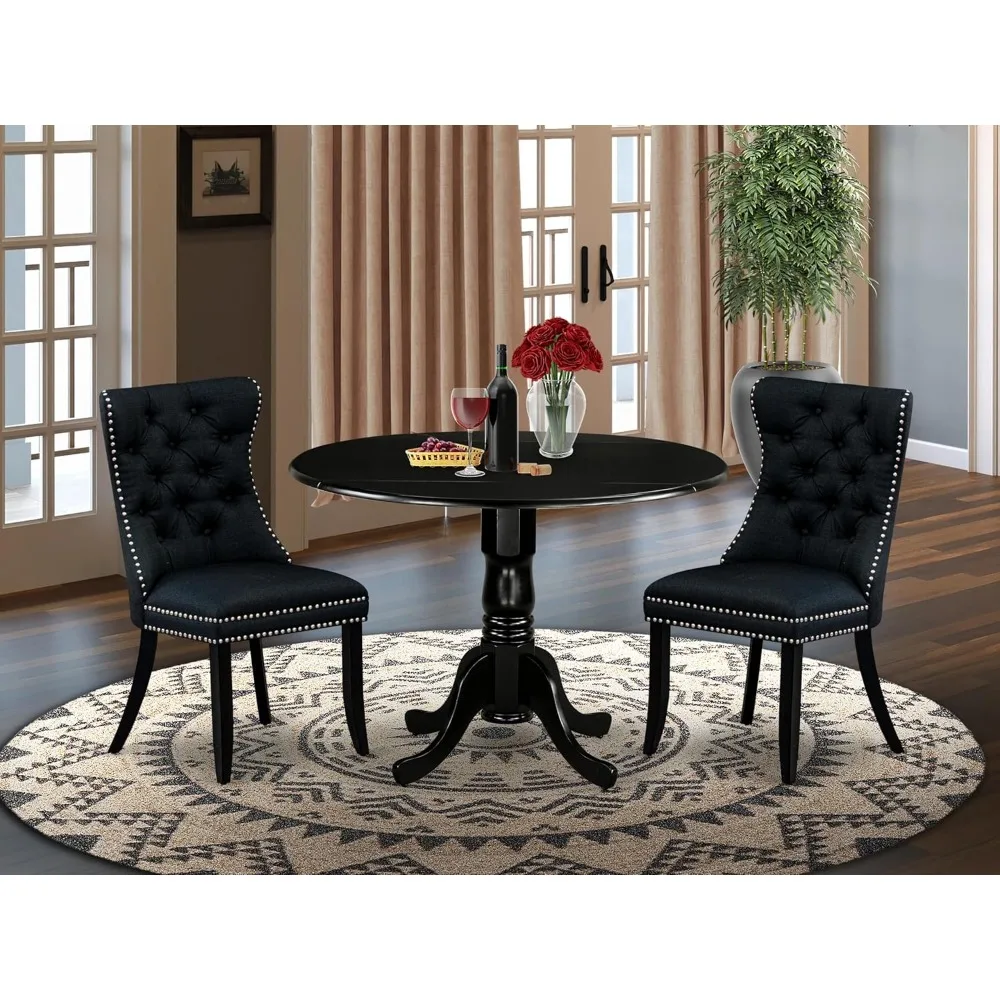 Dining Room Sets, 3-piece set, one round table with hanging leaves, 2 42x42 inch black cushioned chairs,Dining Room Sets.