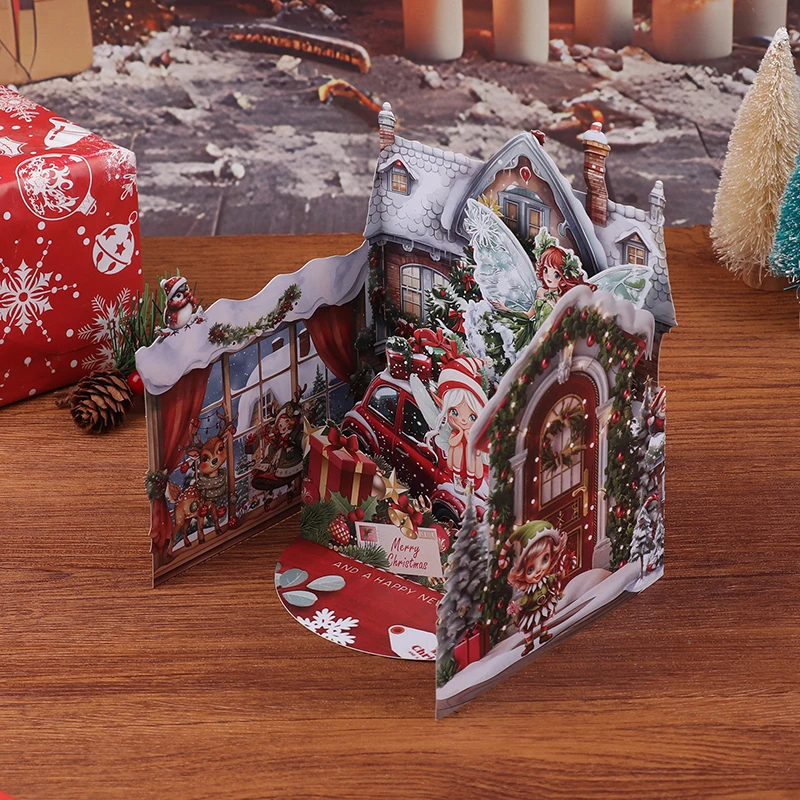 بطاقة عيد الميلاد ثلاثية الأبعاد - ليلة قبل مشهد عيد الميلاد مع سانتا وقرية الثلج، تحيات العطلات التفاعلية #3