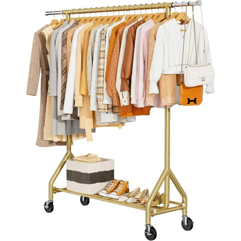 

Vertical Rolling Metal Hanger with Sturdy Wheels and Shelves, Portable Wardrobe Hanger, Gold Multifunctional Telescopic Hanger