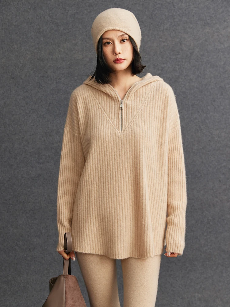

TLOML Women's 100% Cashmere Sweater Hooded Half Zipper Solid Pullover Autumn Winter Soft Warm Loose Casual Knitwear Thick Tops
