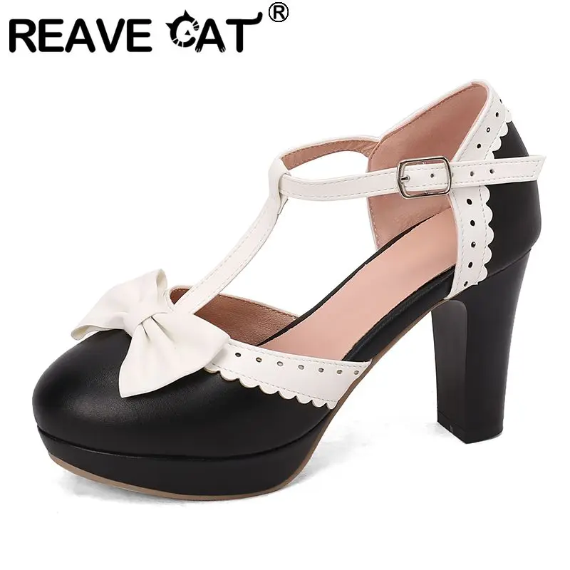 REAVE CAT Sweet Mary Janes Female Pumps Chunky Heels 9cm Platform 2cm T-Strap Bowknot Big Size 46 47 48 Lolita Style Dress Shoes