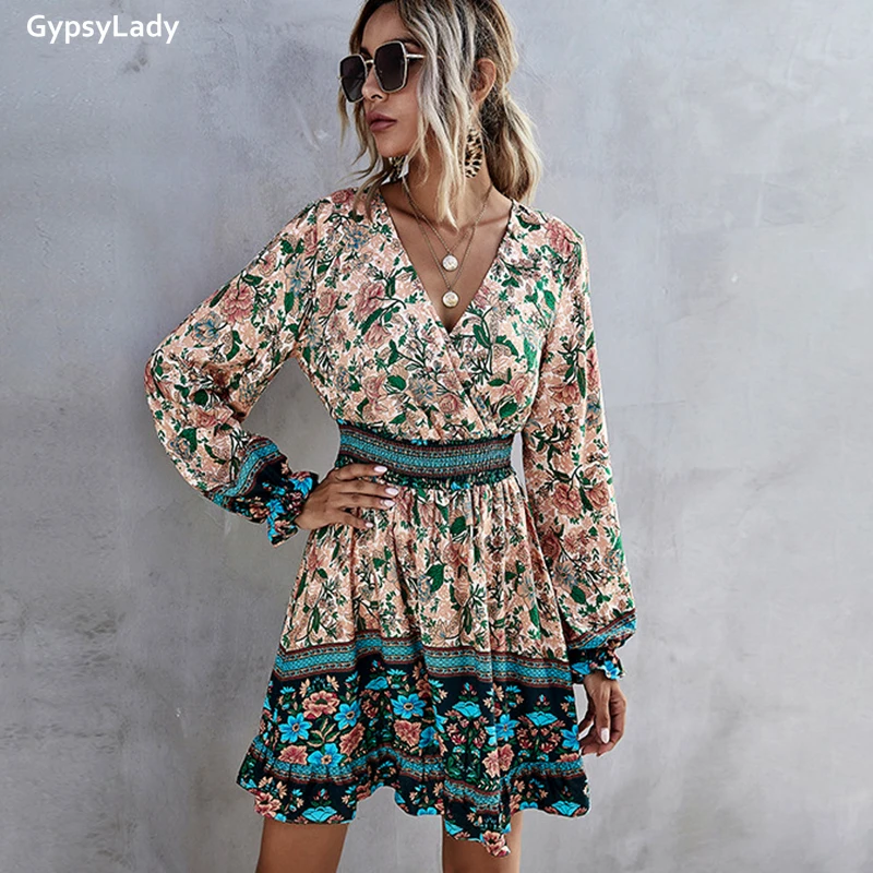 GypsyLady Boho Floral Mini Dress Spring Beach Green Dress Long Sleeve V-neck Ruffle Women New Holiday Casual Vintage Chic Dress