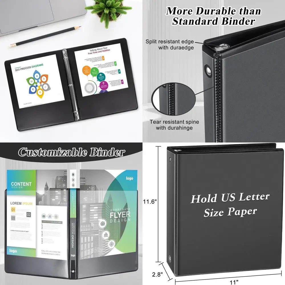 

Набор из 24 черных 3-кольцевых папок для бумаги формата Letter, прочная конструкция с круглыми кольцами