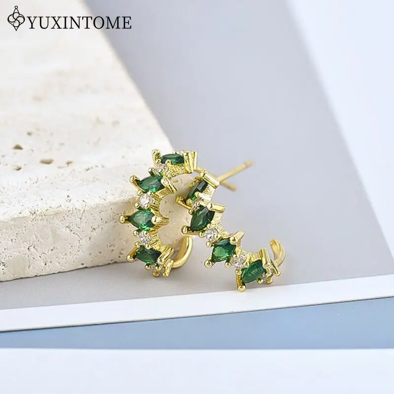 

925 Sterling Silver Ear Needle Horse Eye Green Zircon C-shaped Stud Earrings For Women Vintage Pierced Earrings Luxury Jewelry