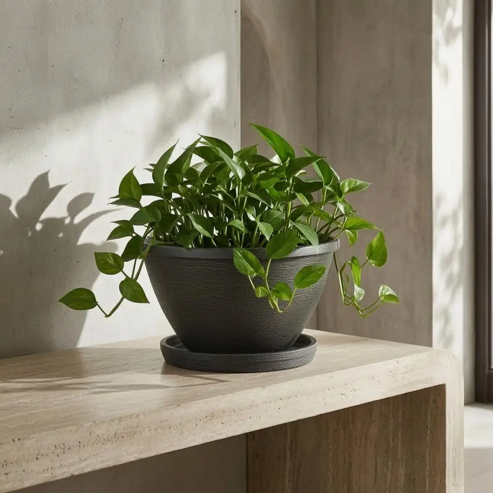 Durable Imitation Stone Pot Vintage Resin Flower Planters with Drainage Hole Saucer Lightweight Indoor Outdoor Plant Pots Retro