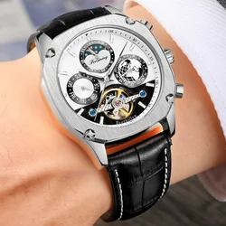 2024 New Square Waterproof Mechanical Watches Luxury Leather Watch For Men Tourbillon Multifunctional Automatic Date Wristwatch