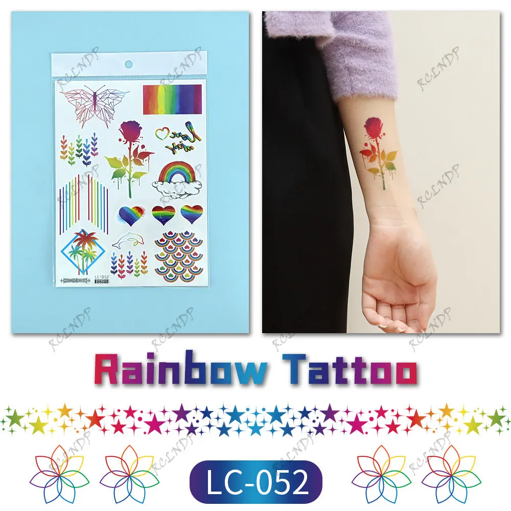 Waterproof Temporary Tattoo Sticker Rainbow Rose Unicorn Love Heart Pride Party Graffiti Flash Tatoo Fake Tatto for Men Women