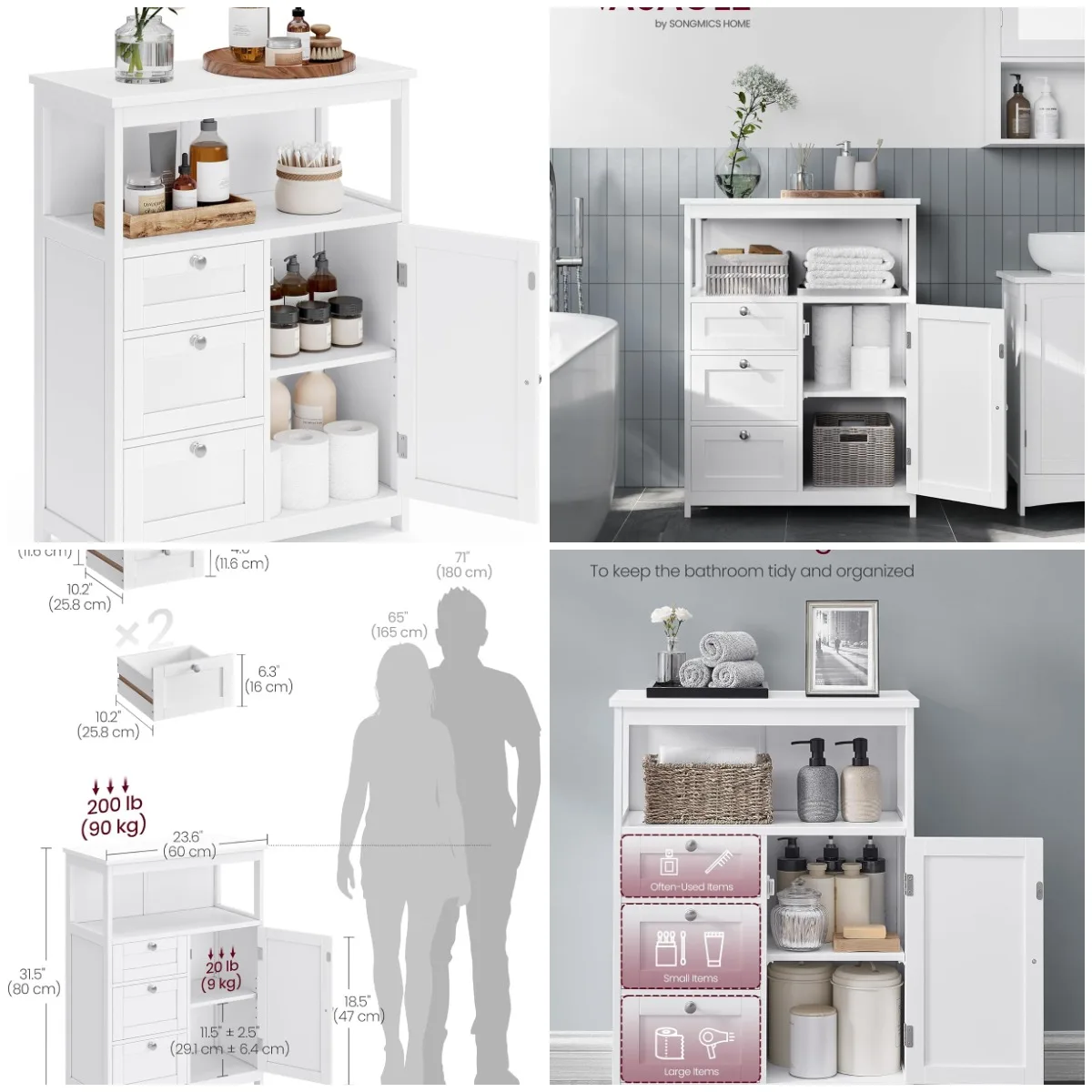 

Floor Storage Cabinet, 3-Drawer Freestanding Unit with Adjustable Shelf, White, 11.8 x 23.6 x 31.5 in