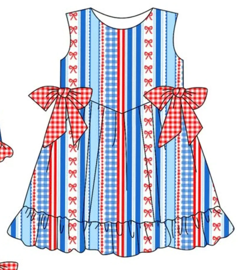 July 4th Independence Day Series Girls Suspender Bodysuit Sleeveless Dress Three-piece Set Blue Bowknot Print