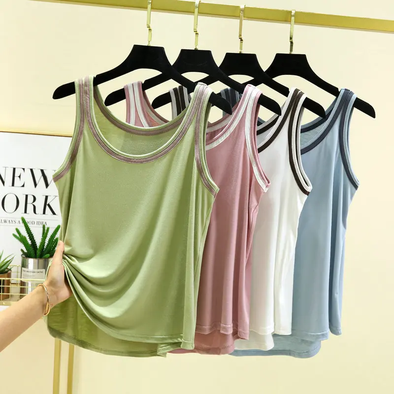 Modal Camisole summer women\'s Tank tops Contrast color all match Tshirts sleeveless O-Neck Bottoming Top