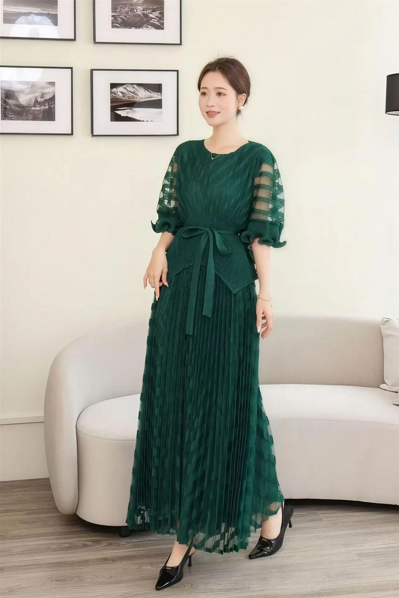 

ANLAN New Miyaki Pleated Dress Set Plisse 2026 Summer Arrival Plus Size Fashion Style Tulle Lace-Up Ruffled Hem 2-Piece Sets