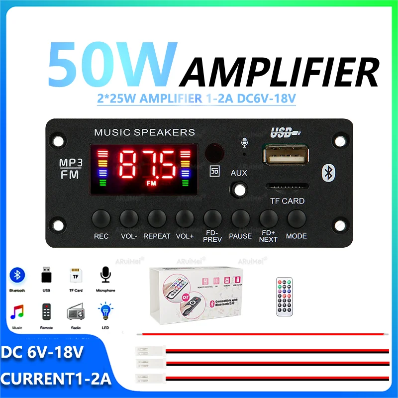 2*25W Bluetooth Amplifier Kit with Remote Display DC6V-18V Power Supply Cable for Car Audio Desktop PC Home Theater DIY Speaker