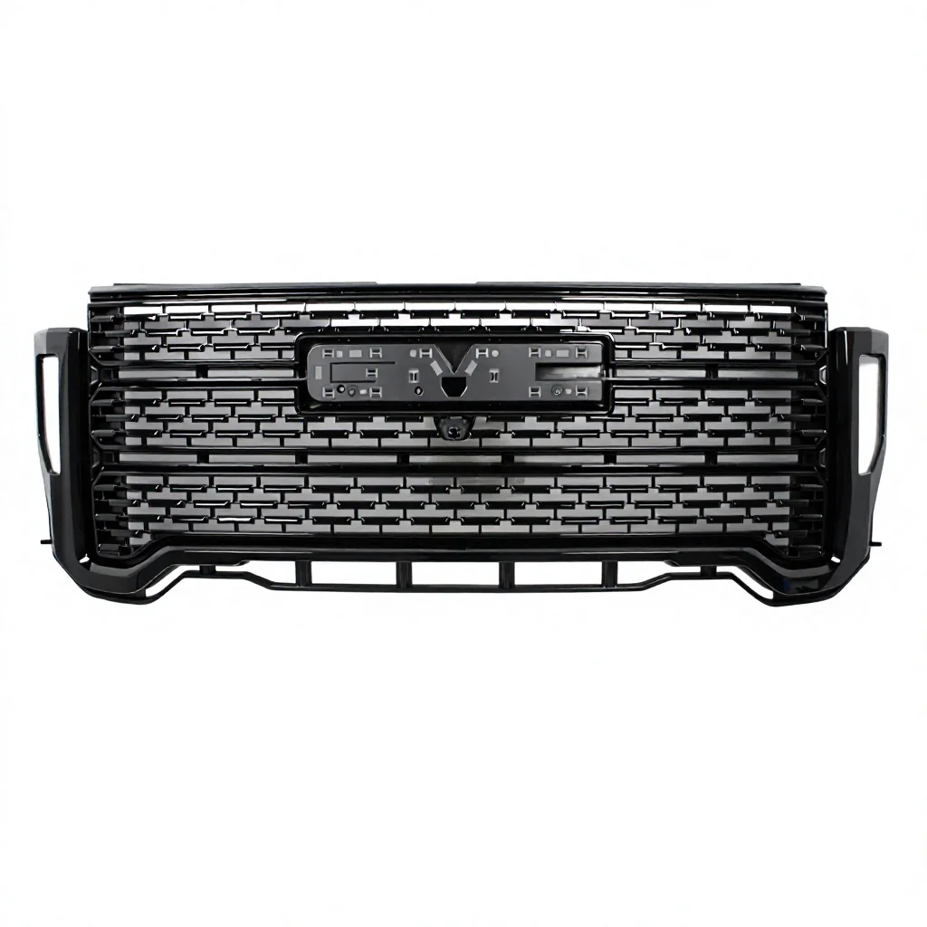 Fit For GMC Sierra 2500HD 2020-2023 Denali Grille With Camera, Gloss Black Outer Frame + Matte Black Base