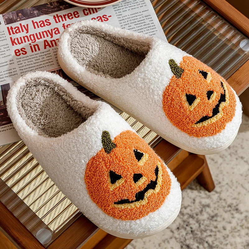 Women\'s Slippers Winter Halloween Funny Smile Pumpkin Indoor Cute Cartoon Slipper Bedroom Anti-slip Soft Causal Plush Shoes Gift