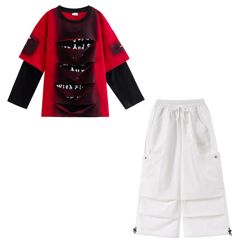 키즈 케이팝 힙합 의류 레드 블랙 찢어진 스웨트셔츠 탑 화이트 패러슈트 카고 팬츠 소녀 소년 스트리트 댄스 의상