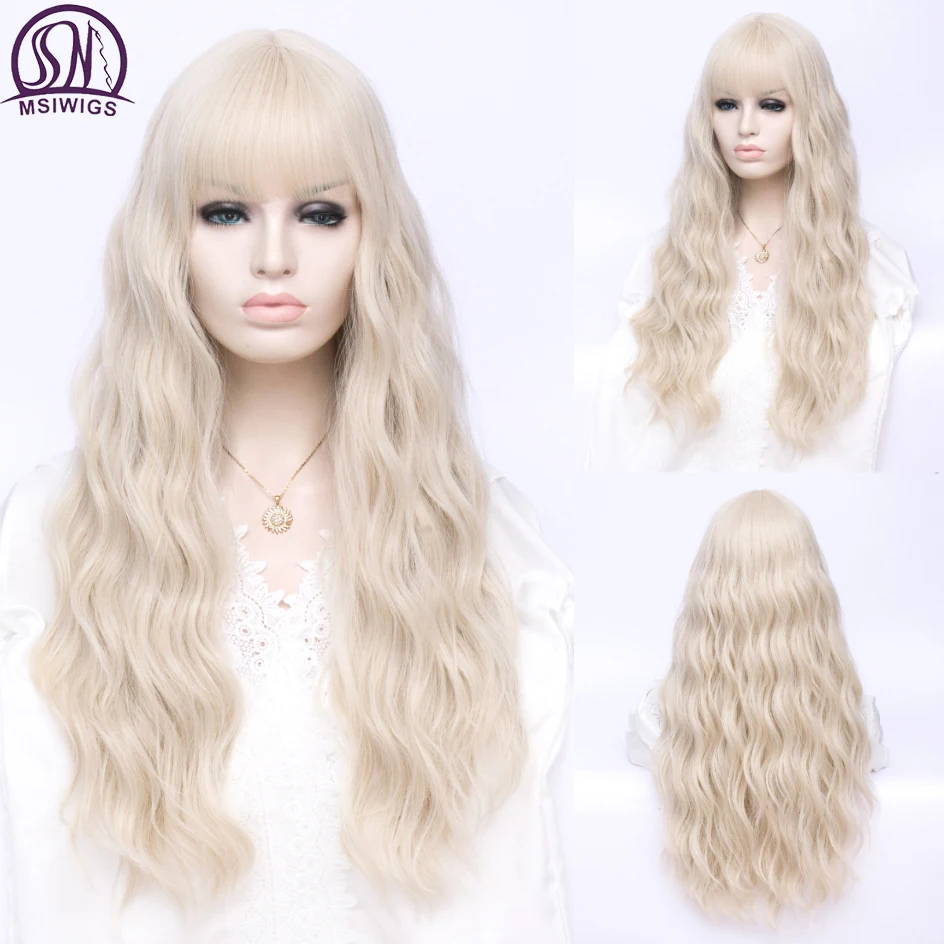 MSIWIGS Women Long Wavy Blonde Synthetic Wig with Bangs Grey Pink Hair Cosplay Girl Wig Heat Resistant