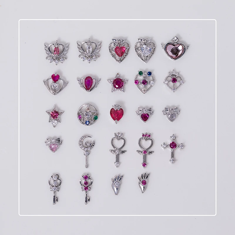 10 PCS mix Silver Pretty Soldier Sailor Moon Zircon Jewelry Magic Wand Star Heart Nail Decoration Colorful Diamond