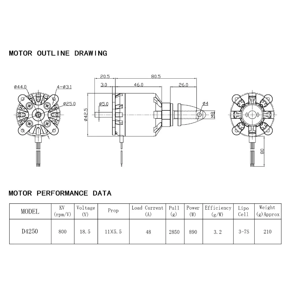 Brushless Motor 4250 600KV 800KV Outrunner 3-7S with 80A V2 ESC Speed Controller for RC FPV Fix-Wing Drone Aircraft Multicopter