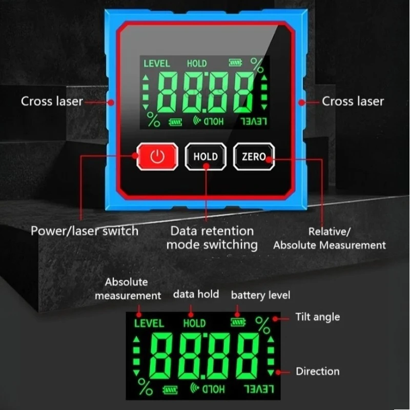 อิเล็กทรอนิกส์ดิจิตอลมุม Dipmeter Dual Cross Laser Gradient วัดระดับเมตรไม้สี่ด้านแม่เหล็ก Inclinometer