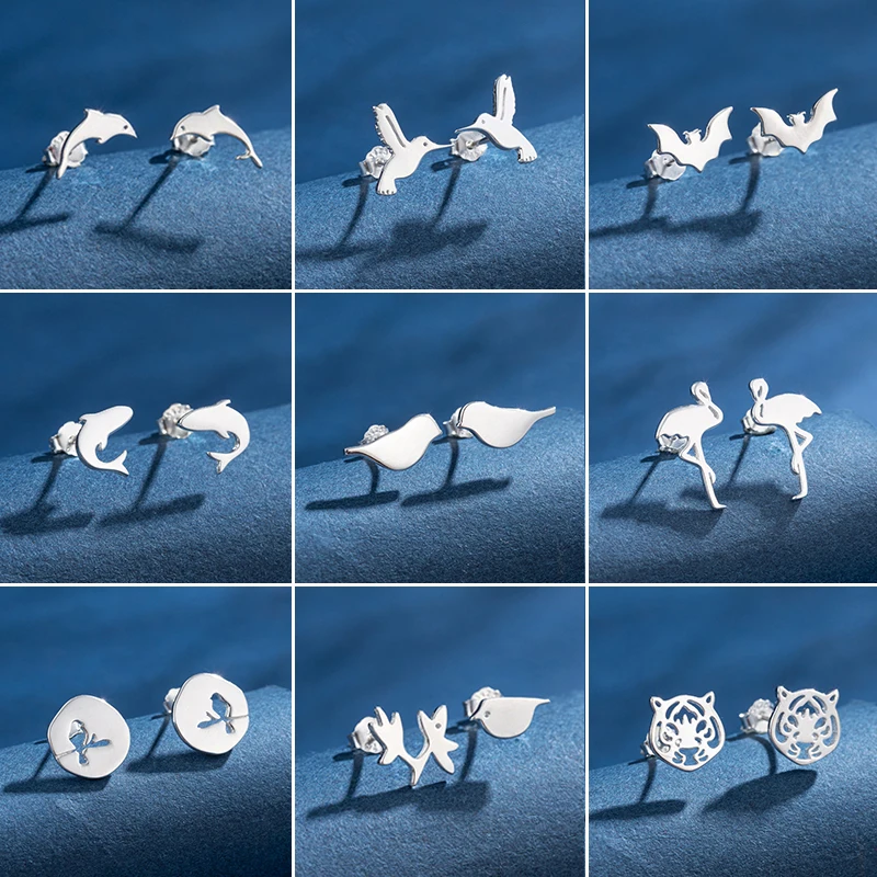 Newest Minimalist 925 Sterling Silver Earrings Women Cute Dolphin Swallow Tiger Hummingbird Bat Ear Studs Girls Birthday Gifts