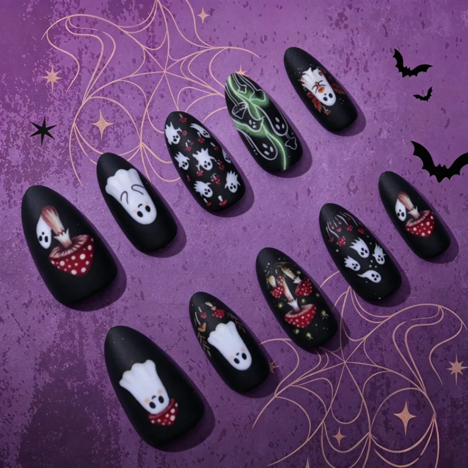 Spooky Halloween‑themed Press On Nails Hand‑painted Ghost Mushroom Oval False Nails Reusable Cosplay Holiday Party Manicure JT39