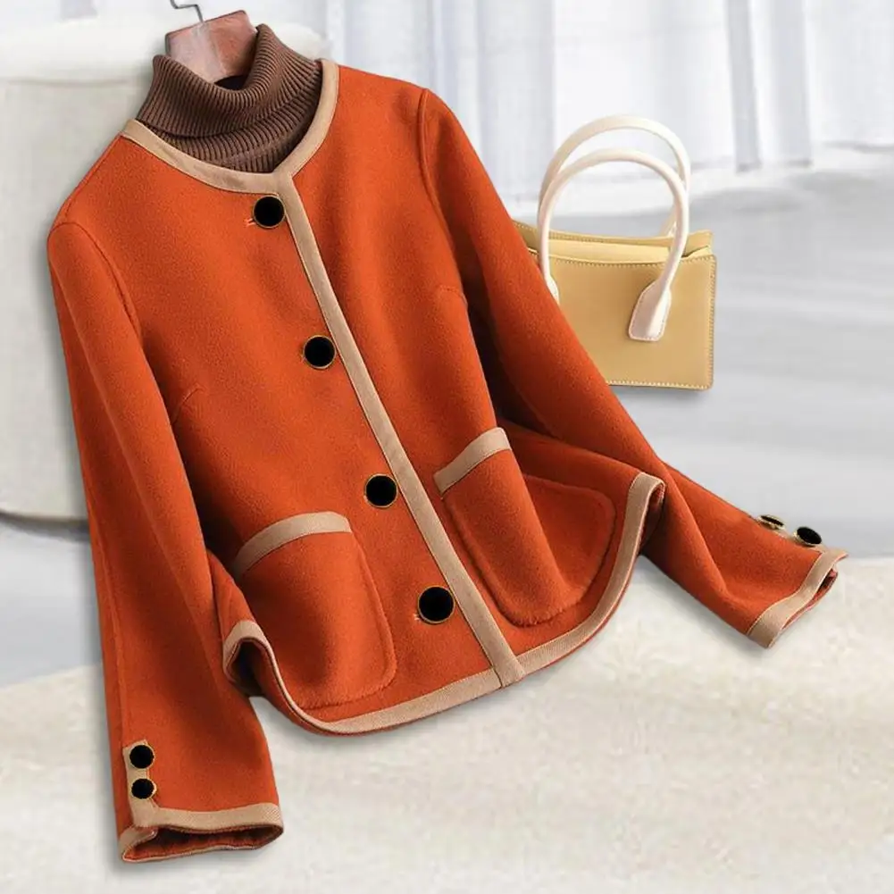 

Slim Fit Short Coat Stylish Color Matching Knitted Jacket for Women Round Neck Single-breasted Cardigan with Button Decor Loose