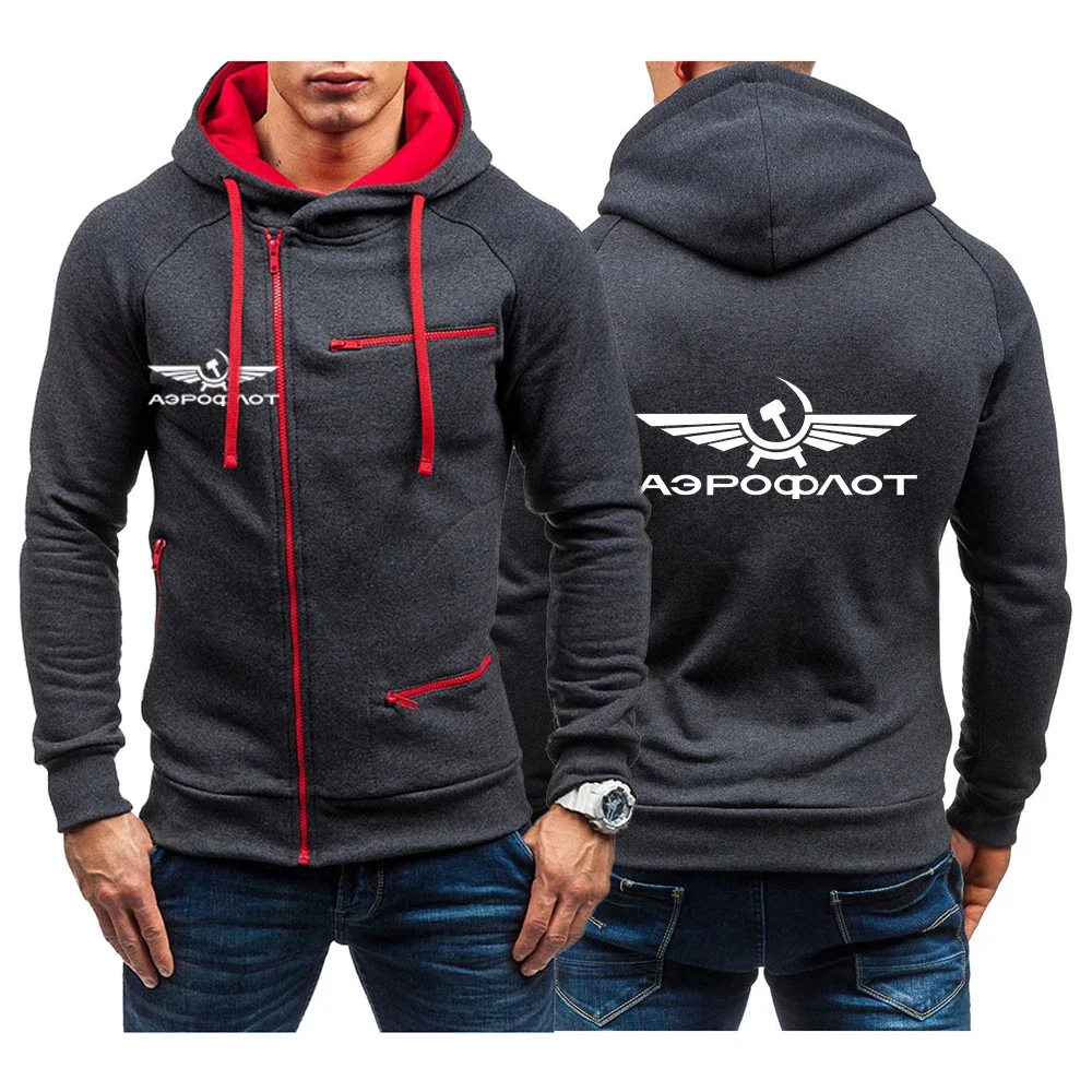 

2024 Aeroflot Aviation Russe Pilote Aerospace Spring Autumn CCCP Sports Casual Cardigan Oblique Zip Design Hooded Pullover Coats