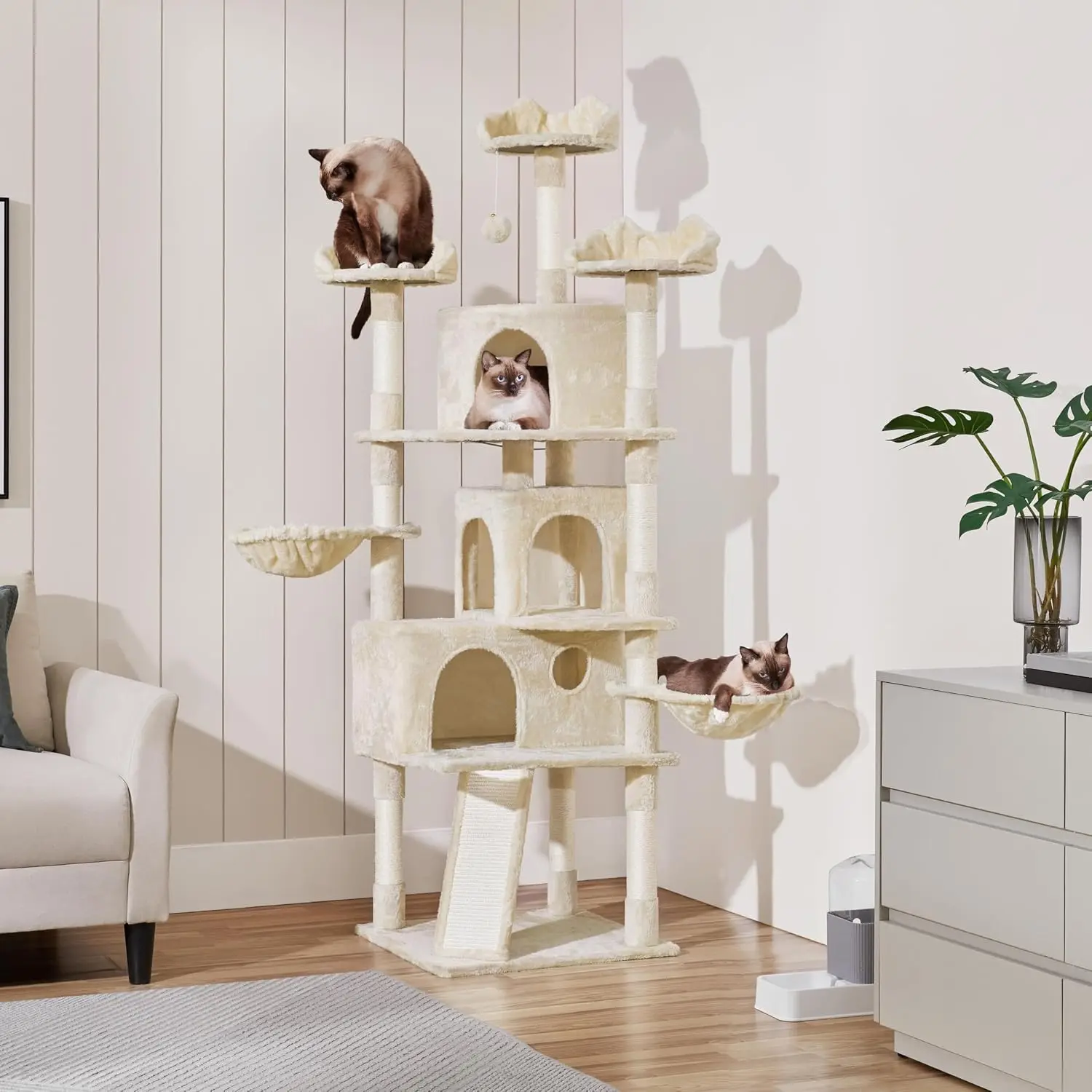 76.5in Multi-Level Large Cat Tree, Big Cat Tower with 3 Condos, Cozy Plush Perches, 9 Sisal Scratching Posts, Customized