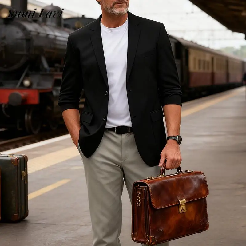 

Весенне-осенний тонкий повседневный пиджак, мужской винтажный тонкий пиджак с отложным воротником, повседневная мужская однотонная верхняя одежда для отдыха