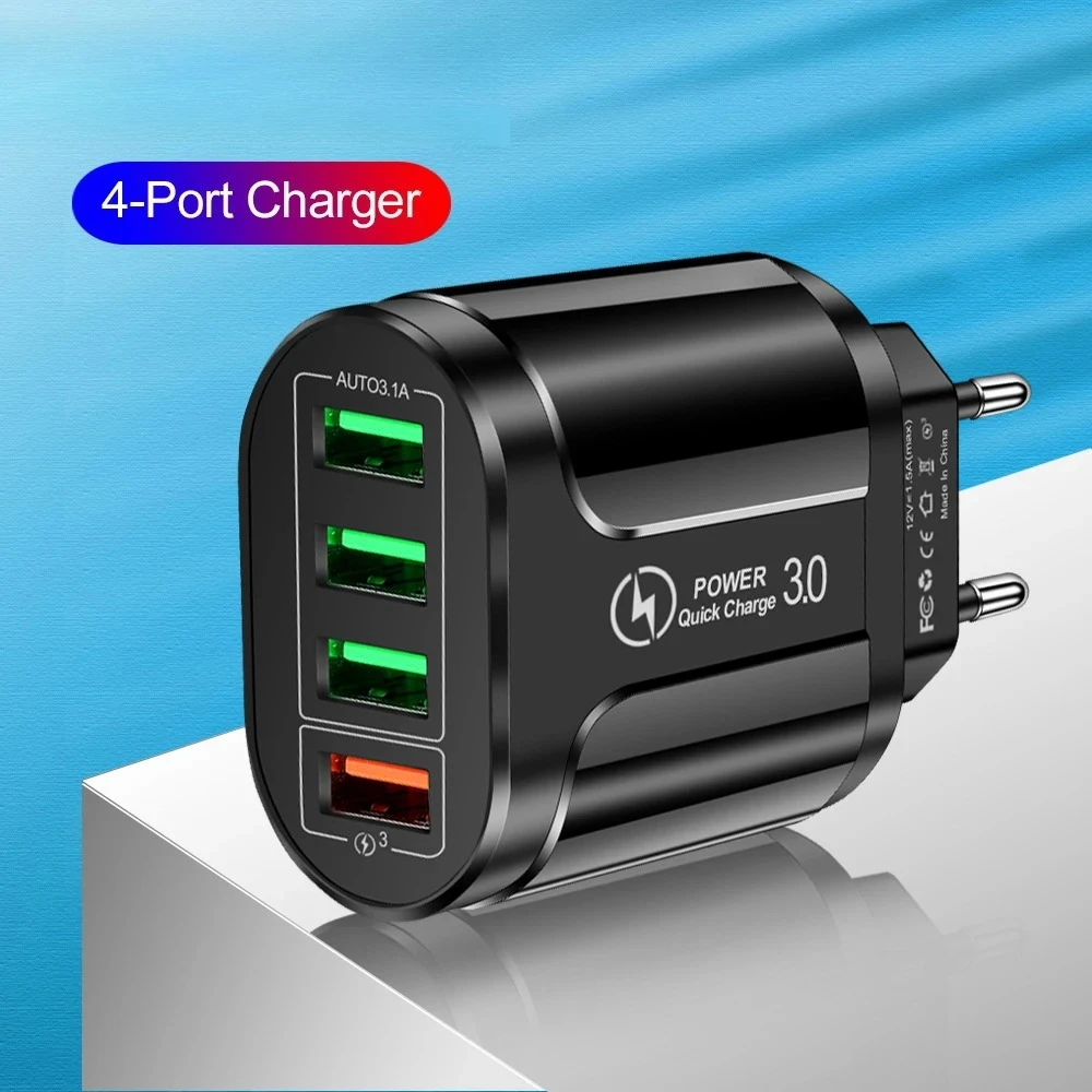 48W USB C Travel Charger 4 Ports Fast Charger QC 3.0 Wall Charging For iPhone 17 16 Samsung Xiaomi Mobile Plug Charging Adapter