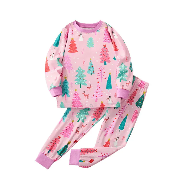 Christmas Pink Tree Print Little Girls Pajamas Set Long Sleeve Sleepwear Snowman Reindeer Pattern Kids Xmas Home Loungewear