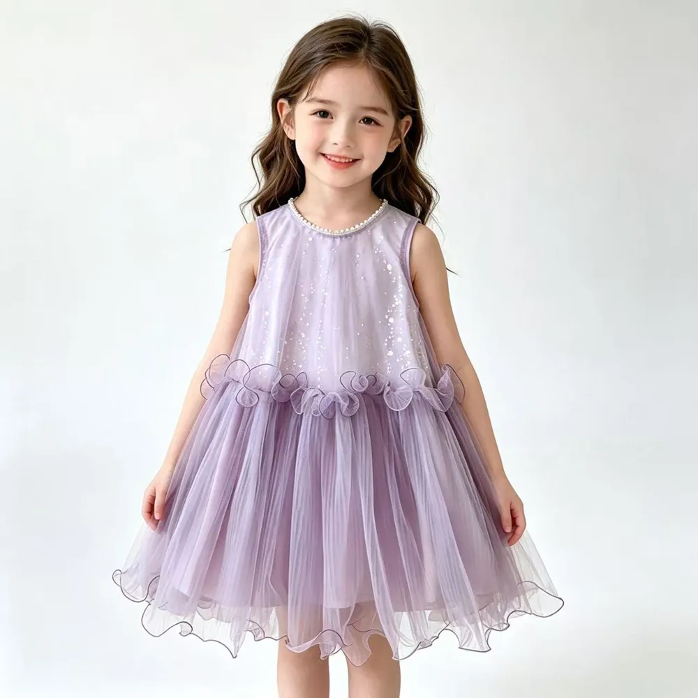 Girls Summer Dress 2026 New Fashion Kids Sweet Sequin Sleeveless Birthday Party Dress Children Clothing 90-150CM