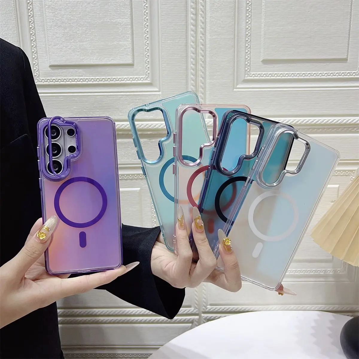 

Magnetic Ring Laser Shiny Stand Case for Samsung S25 Ultra S26+ S24 S23 A56 Hard PC Shockproof Back Cover Wireless Charging