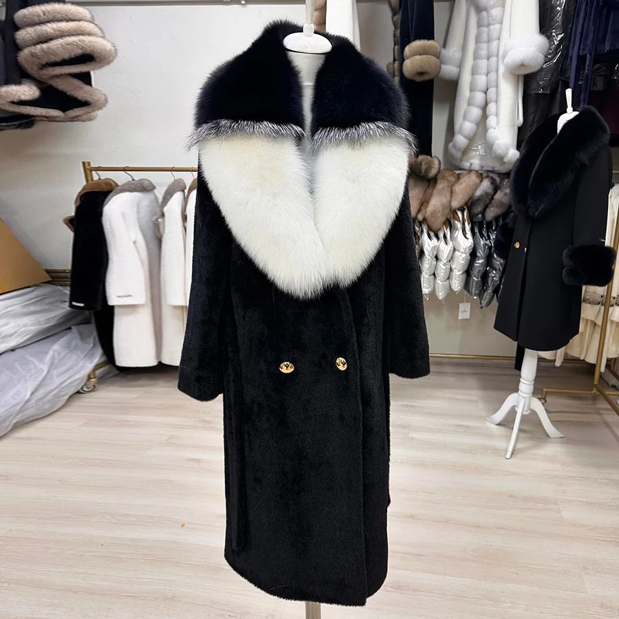 Wool Long Coat Women Luxury High Quality Real Cashmere Coat With Natural Fox Fur Trim Black Winter Warm Wool Blends Coat